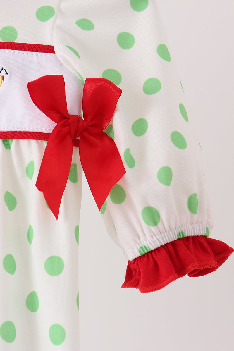 Baby Girl Green Grinch Embroidery Ruffle Dot Romper
