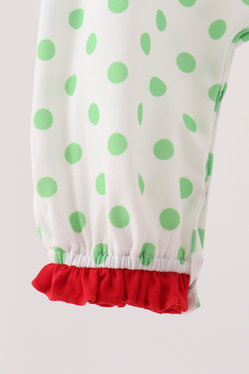 Baby Girl Green Grinch Embroidery Ruffle Dot Romper