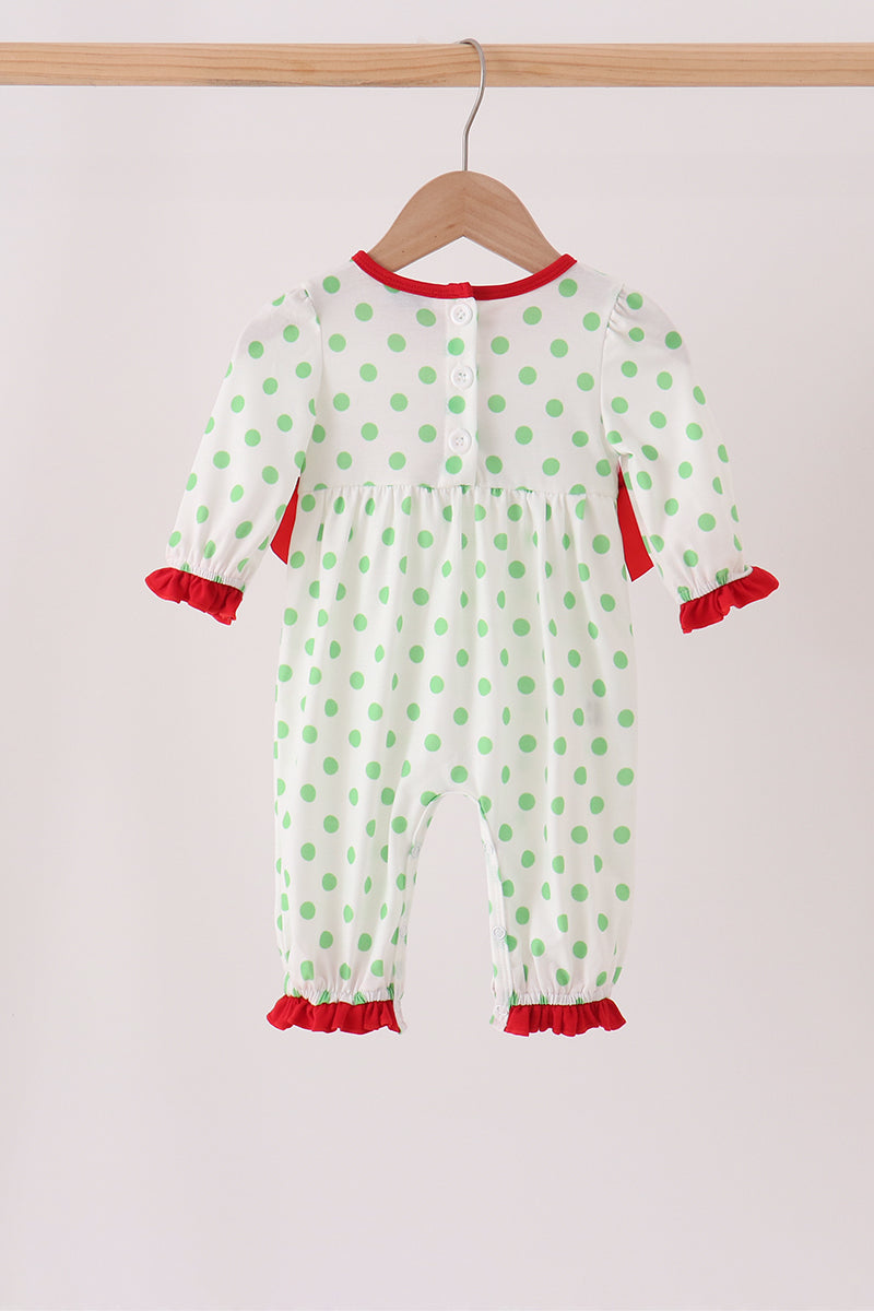 Baby Girl Green Grinch Embroidery Ruffle Dot Romper