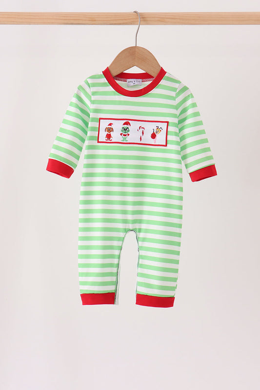 Green Grinch Embroidery Stripe Romper for Baby Boys