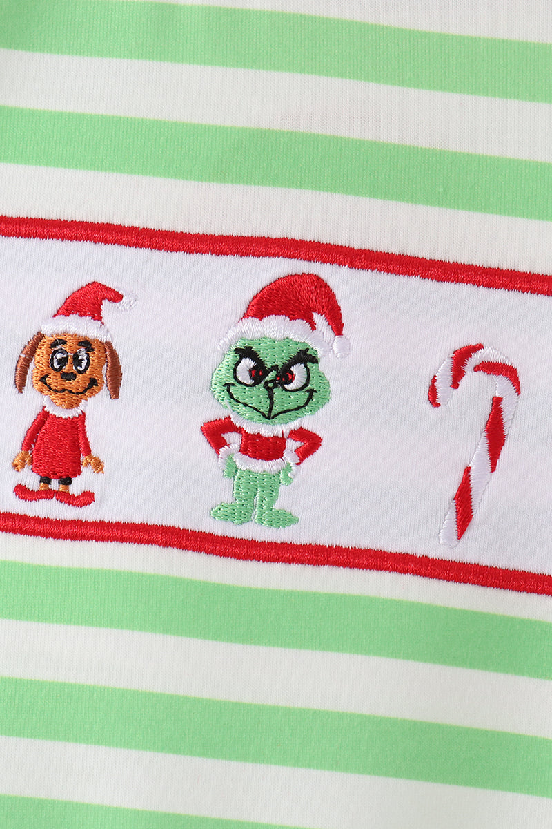 Green Grinch Embroidery Stripe Romper for Baby Boys