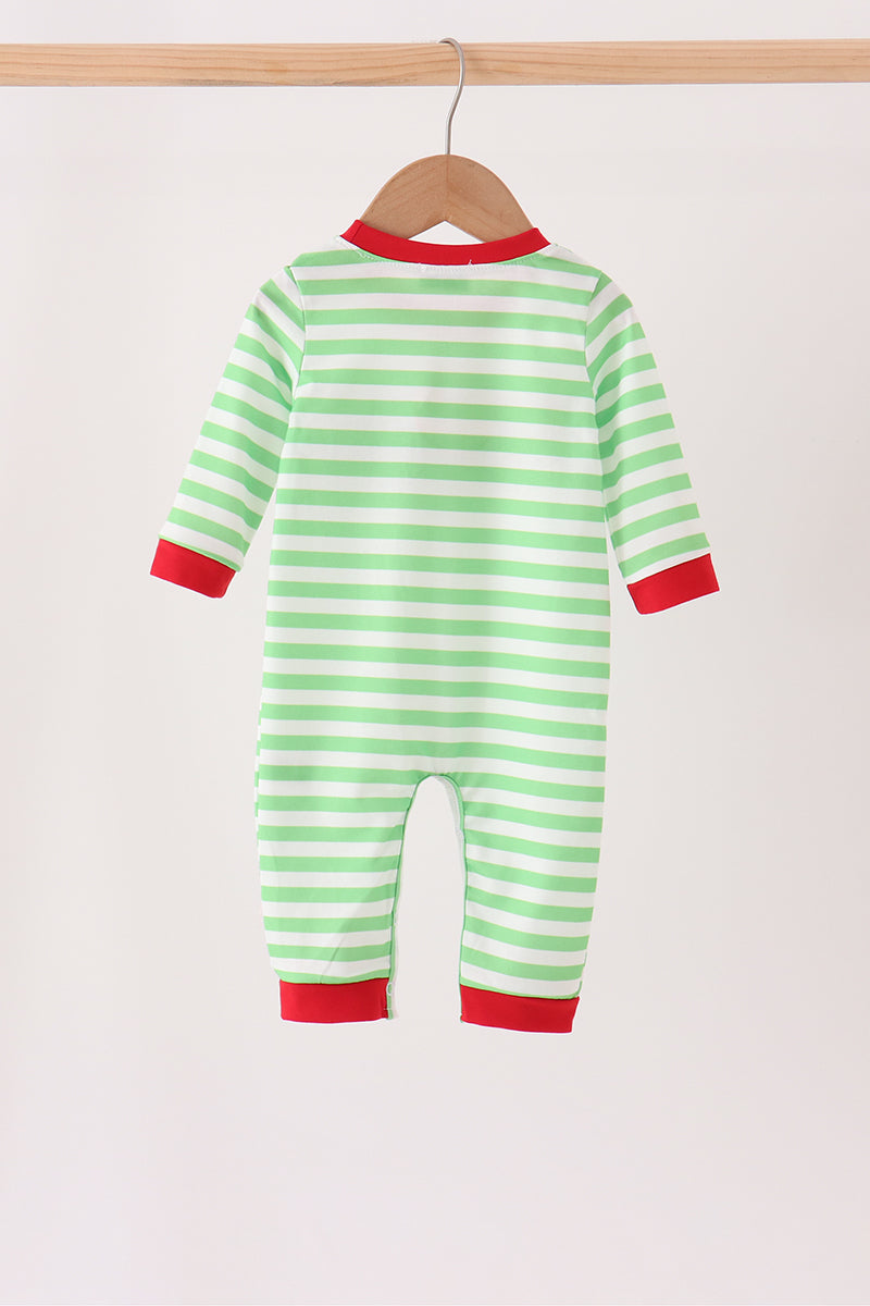 Green Grinch Embroidery Stripe Romper for Baby Boys