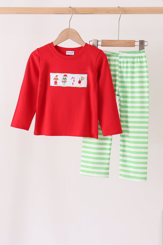 Boys Red Grinch Embroidery Stripe Pants Set