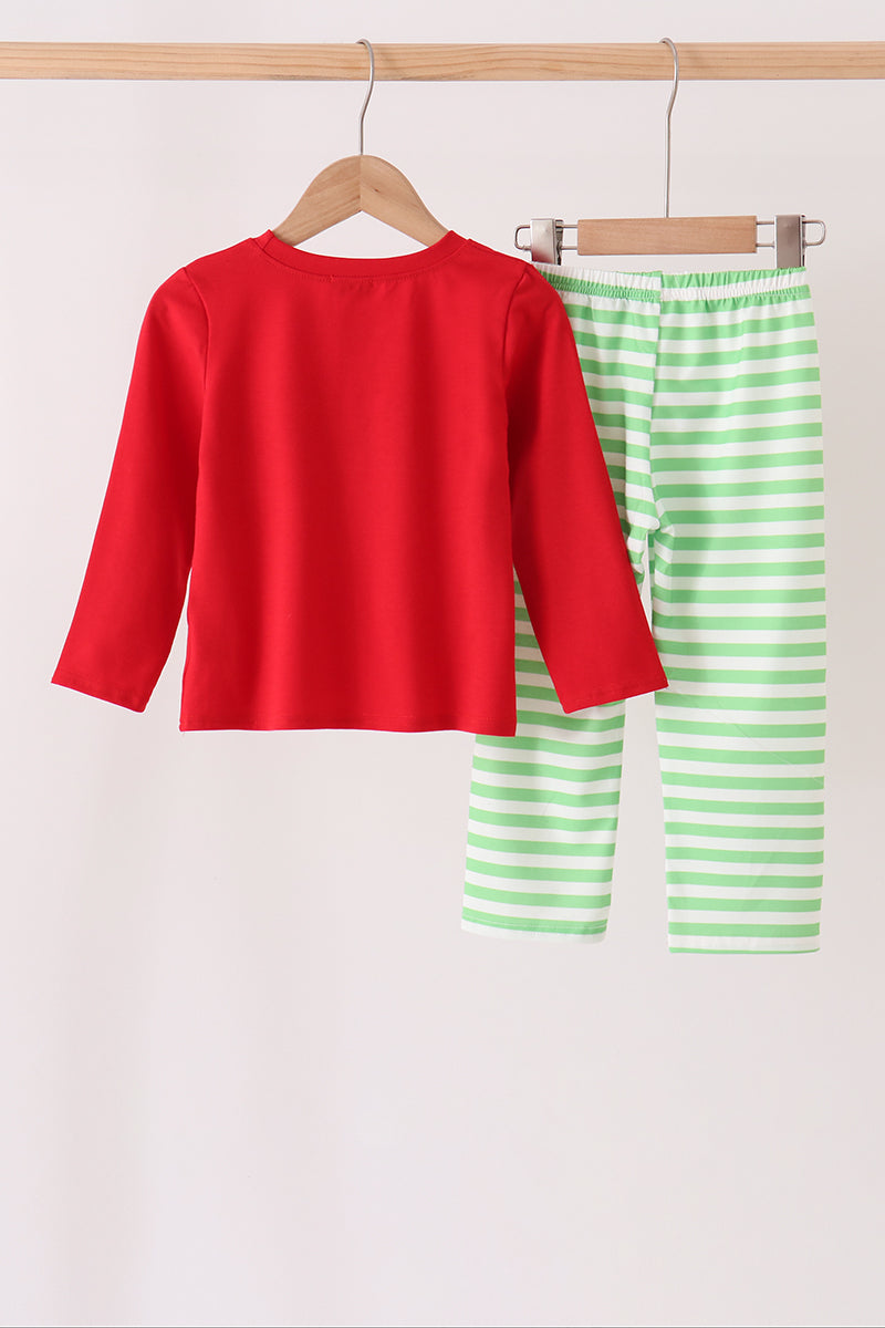 Boys Red Grinch Embroidery Stripe Pants Set