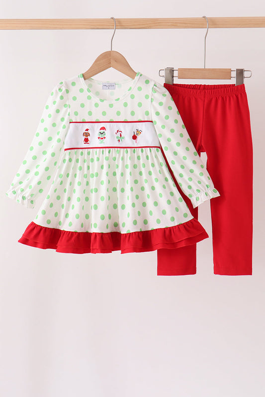 Girls Green Dot Grinch Embroidery Ruffle Pants Set