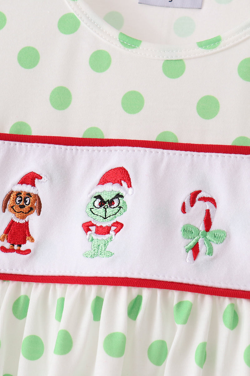 Girls Green Dot Grinch Embroidery Ruffle Pants Set