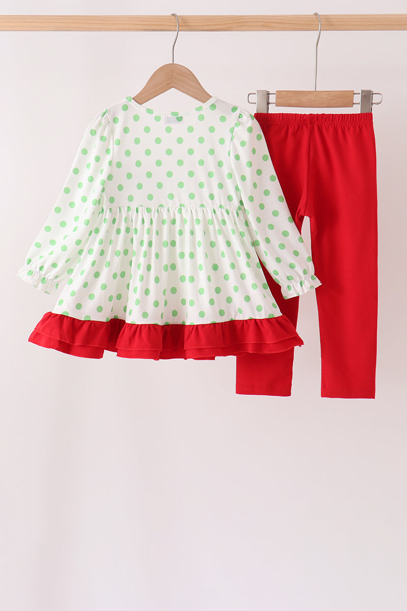 Girls Green Dot Grinch Embroidery Ruffle Pants Set
