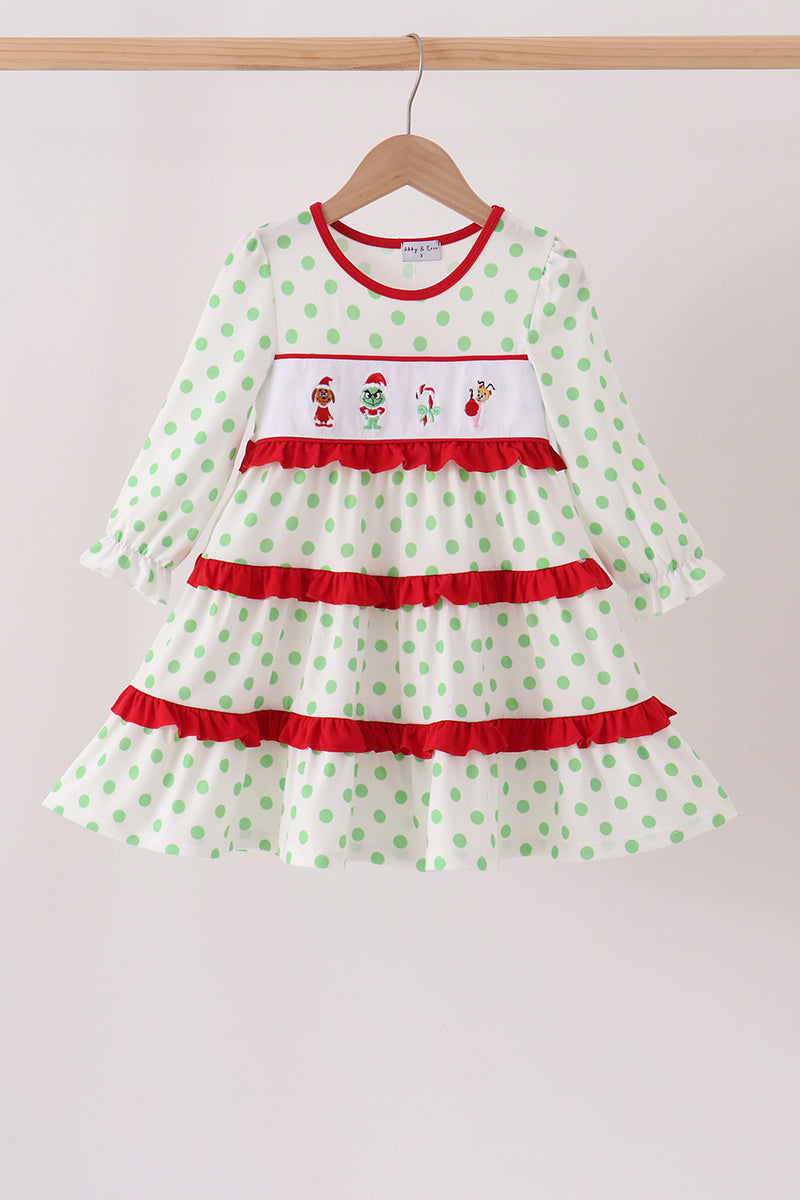 Girls Green Dot Grinch Embroidery Ruffle Tiered Dress
