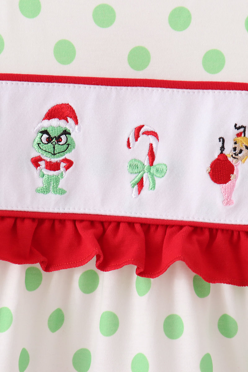 Girls Green Dot Grinch Embroidery Ruffle Tiered Dress