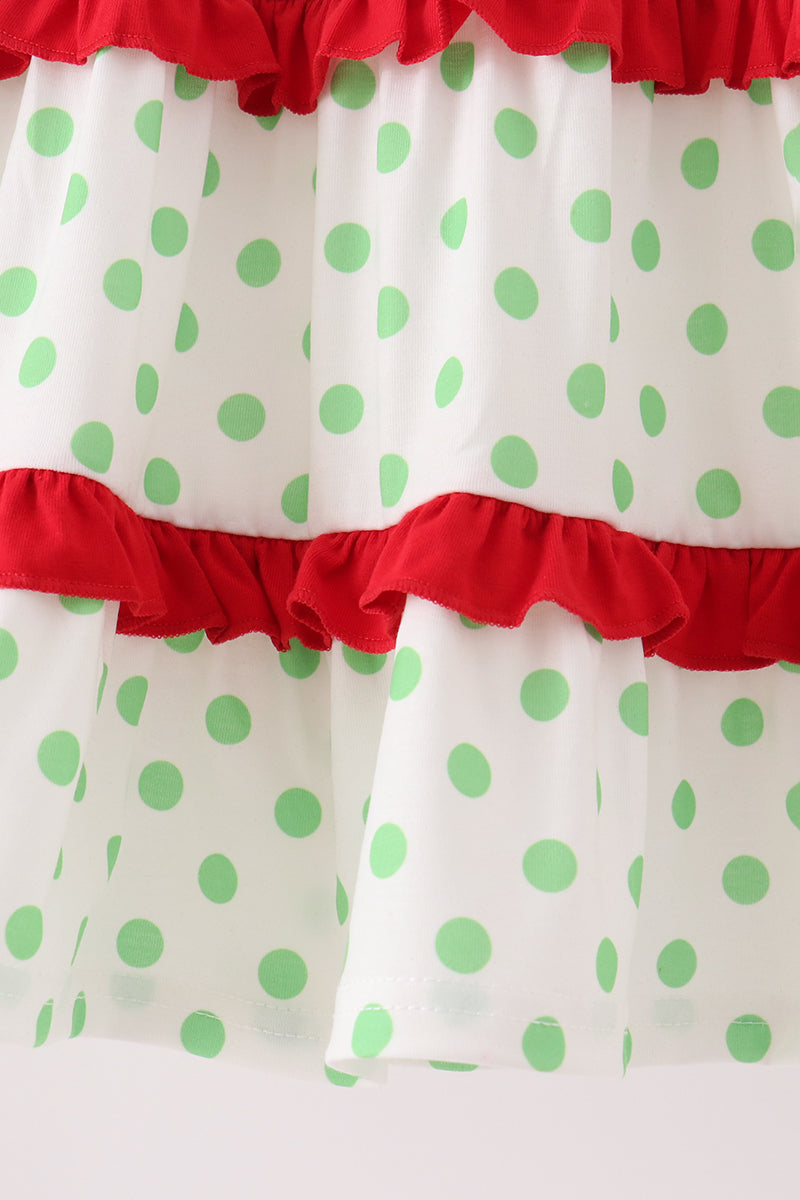 Girls Green Dot Grinch Embroidery Ruffle Tiered Dress