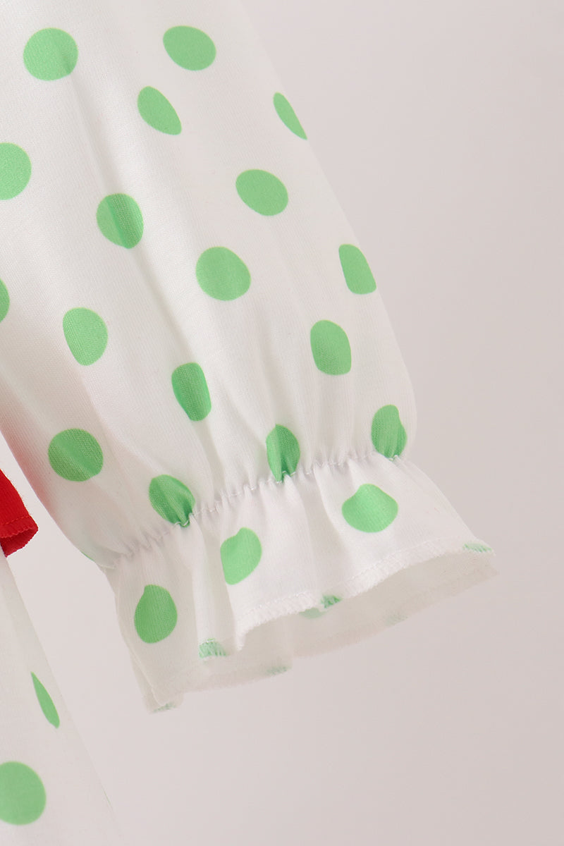 Girls Green Dot Grinch Embroidery Ruffle Tiered Dress