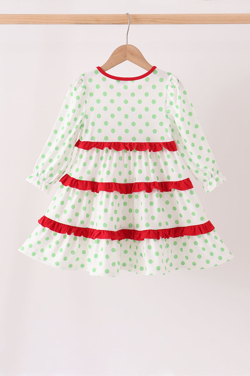 Girls Green Dot Grinch Embroidery Ruffle Tiered Dress
