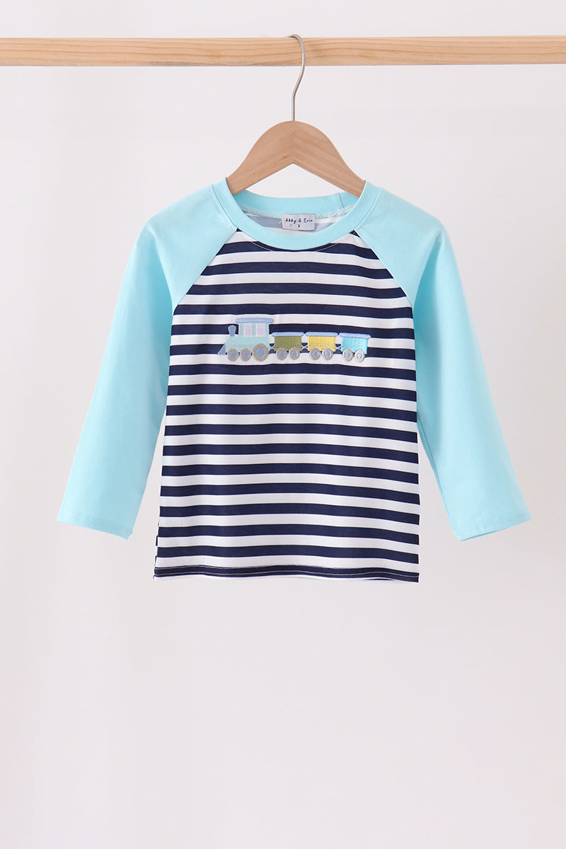 Boys’ Blue Train Embroidery Stripe Top