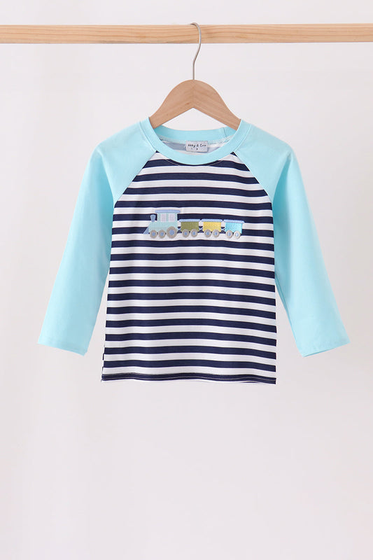 Boys’ Blue Train Embroidery Stripe Top