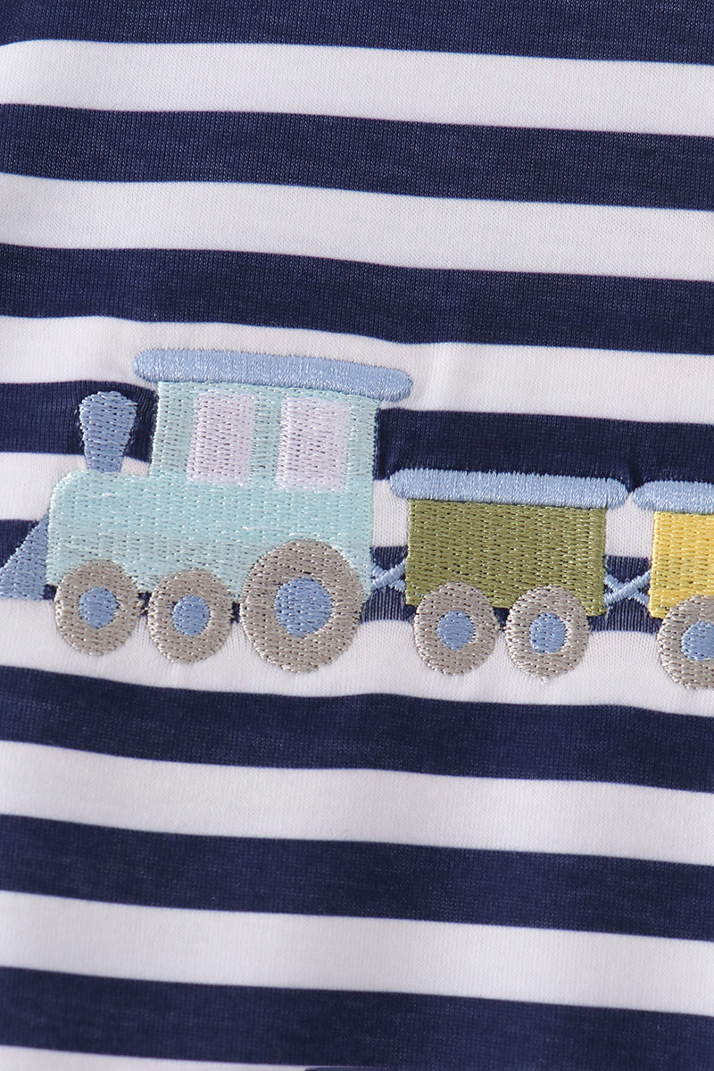 Boys’ Blue Train Embroidery Stripe Top