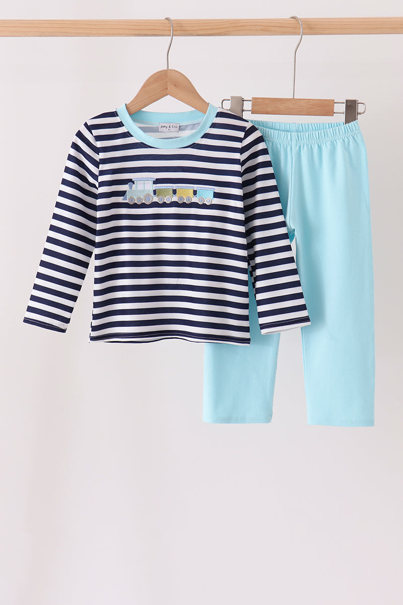Boys Blue Train Embroidery Stripe Pants Set