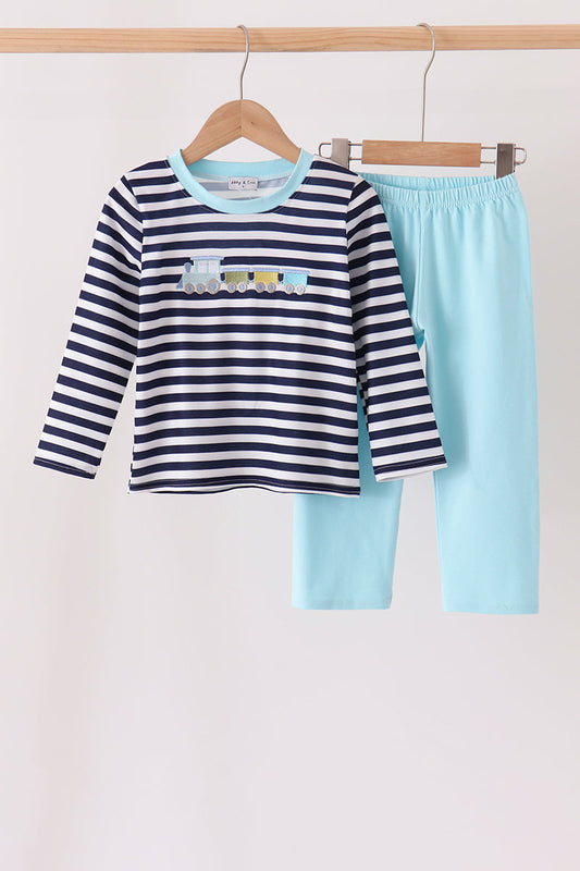 Boys Blue Train Embroidery Stripe Pants Set