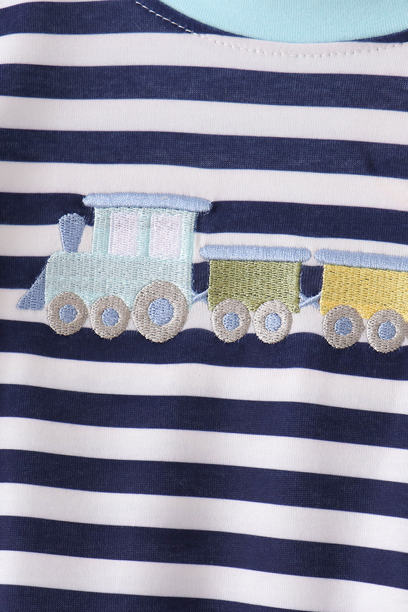 Boys Blue Train Embroidery Stripe Pants Set