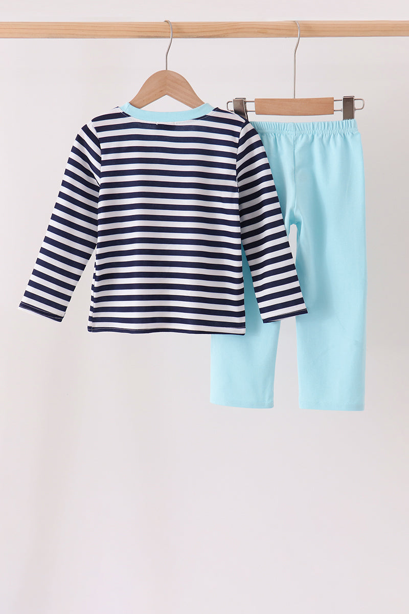 Boys Blue Train Embroidery Stripe Pants Set