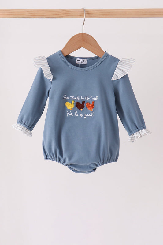Baby Girl Teal Turkey French Knot Ruffle Bubble