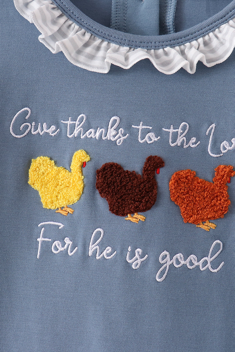 Teal Turkey French Knot Ruffle Dress