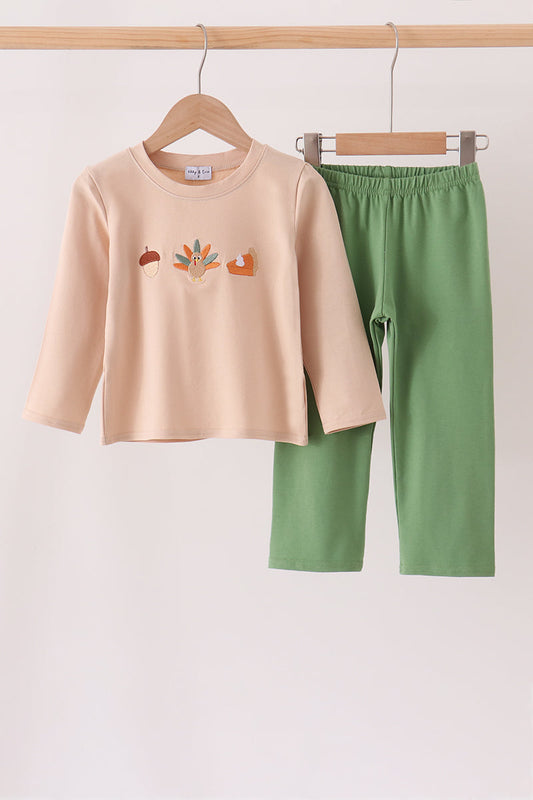 Boys Green pumpkin turkey pants set