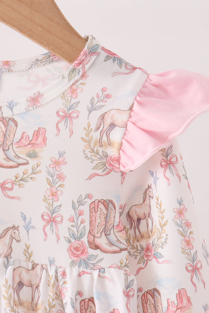 Baby Girl Pink Horse Lover Ruffle Bubble