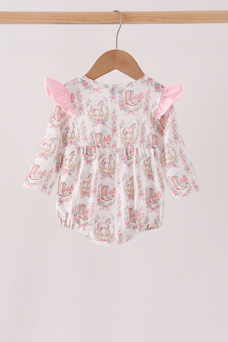 Baby Girl Pink Horse Lover Ruffle Bubble