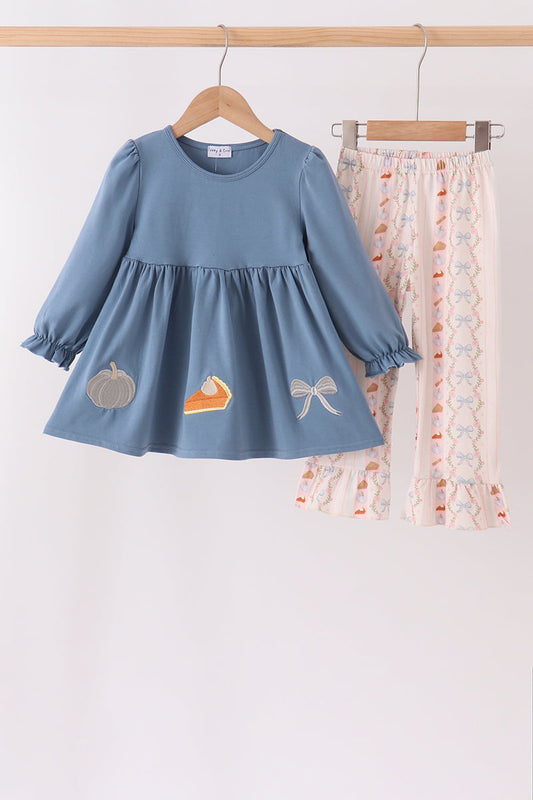 Girls Pumpkin Pie Bow Embroidery Ruffle Flare Pants Set