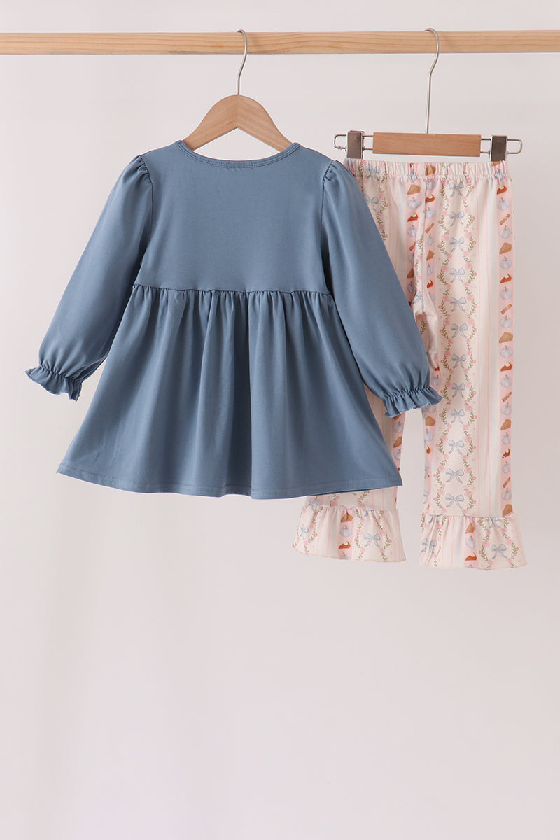 Girls Pumpkin Pie Bow Embroidery Ruffle Flare Pants Set
