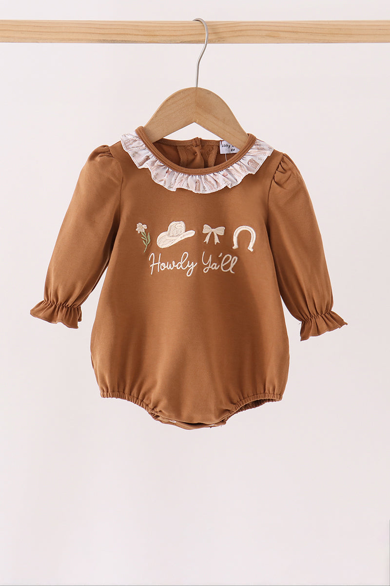 Baby Girl Brown Howdy Y’ALL Western Embroidery Ruffle Bubble