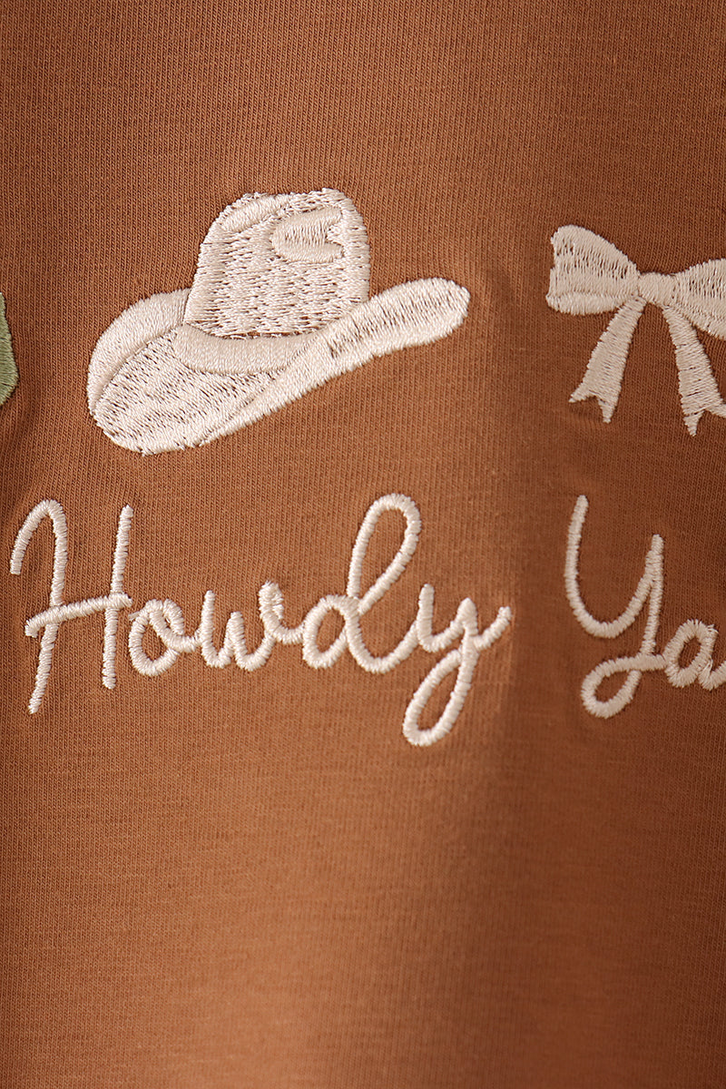 Baby Girl Brown Howdy Y’ALL Western Embroidery Ruffle Bubble