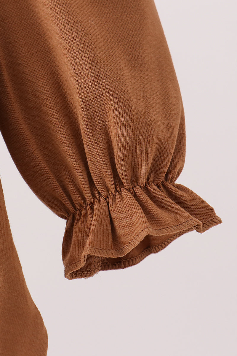 Baby Girl Brown Howdy Y’ALL Western Embroidery Ruffle Bubble