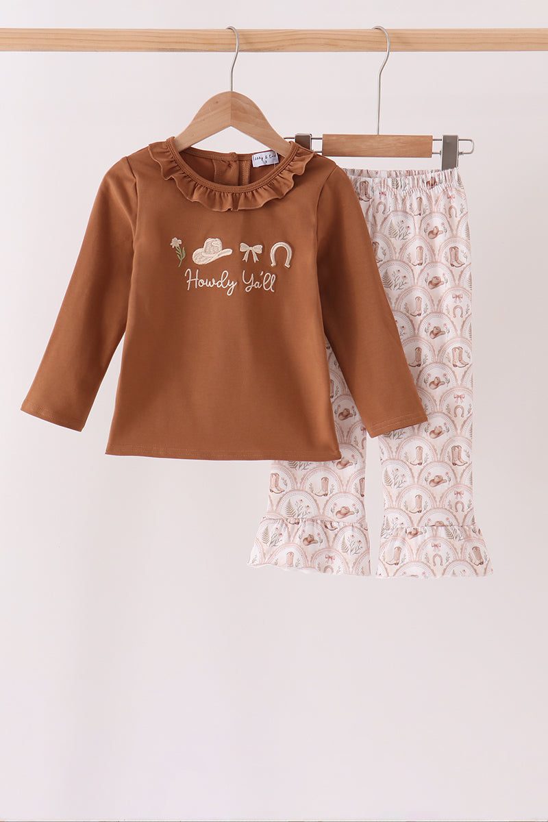 Girls Brown Western Howdy Ya’ll Embroidery Ruffle Pants Set
