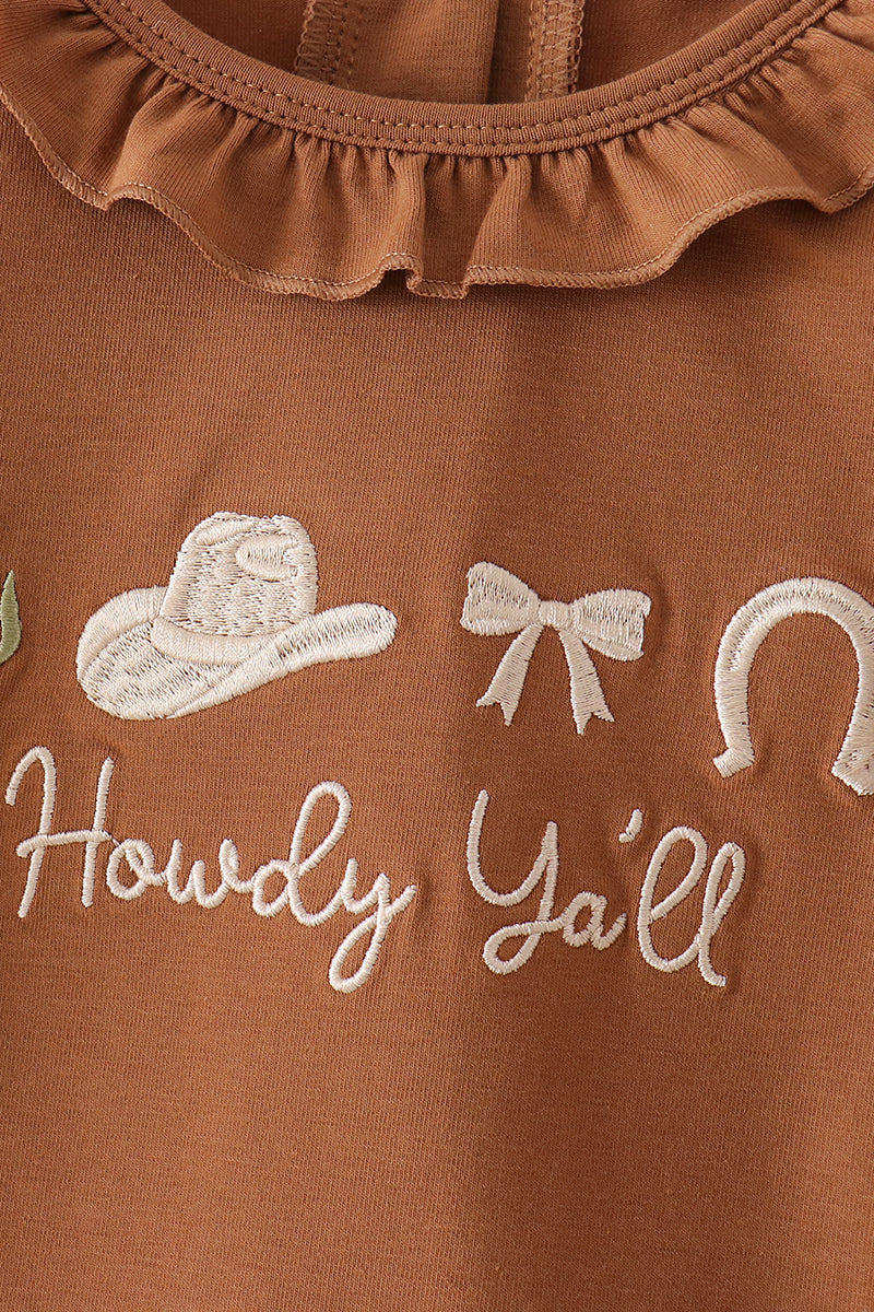 Girls Brown Western Howdy Ya’ll Embroidery Ruffle Pants Set