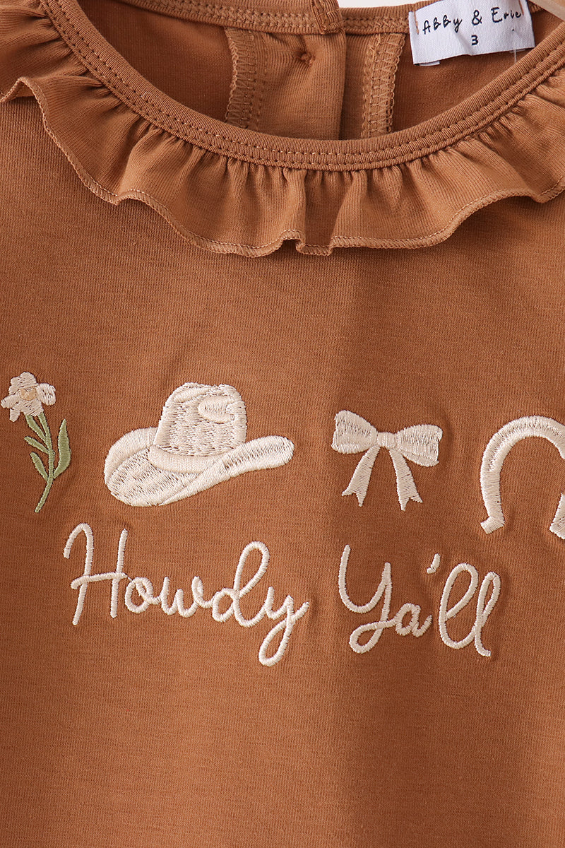 Girls Brown Western Howdy Ya’ll Embroidery Ruffle Pants Set