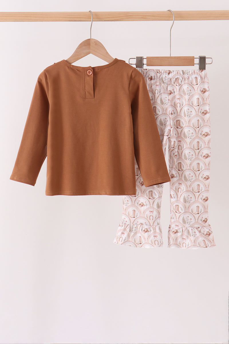 Girls Brown Western Howdy Ya’ll Embroidery Ruffle Pants Set