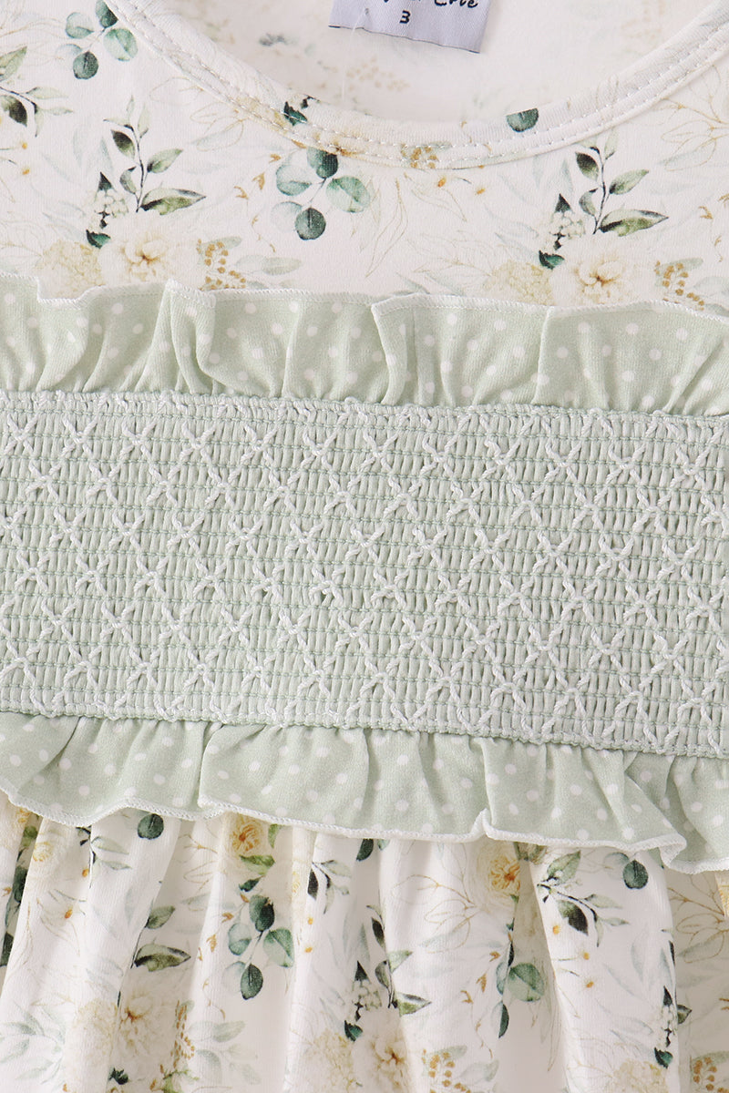 Sage Floral Smocked Ruffle Pants Set