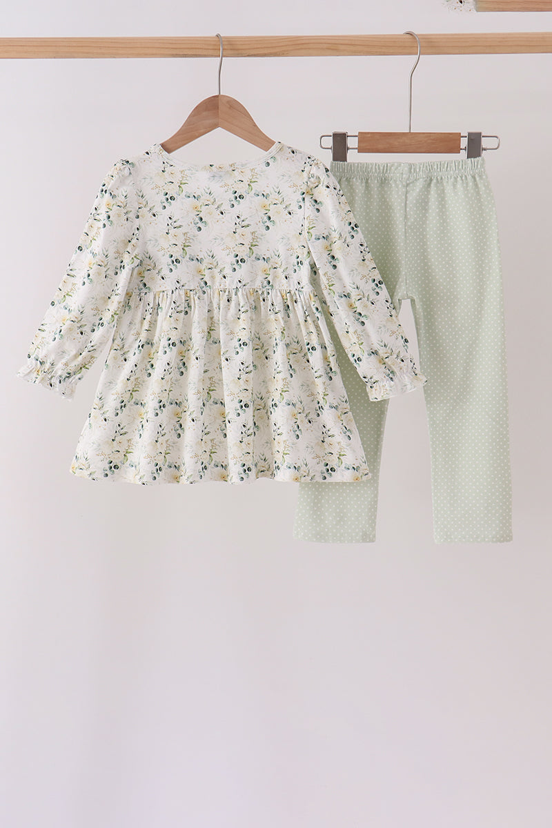 Sage Floral Smocked Ruffle Pants Set