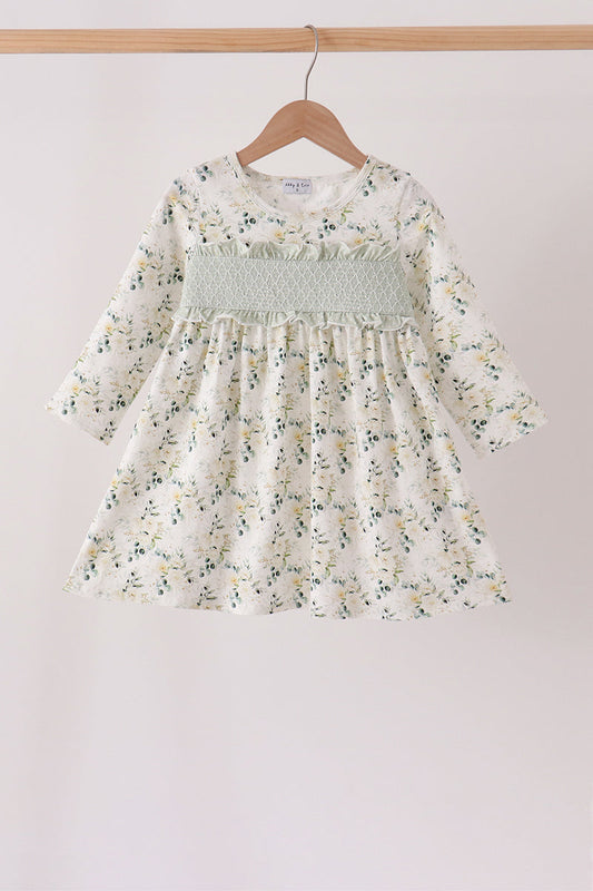 Girls Sage Floral Smocked Ruffle Dress