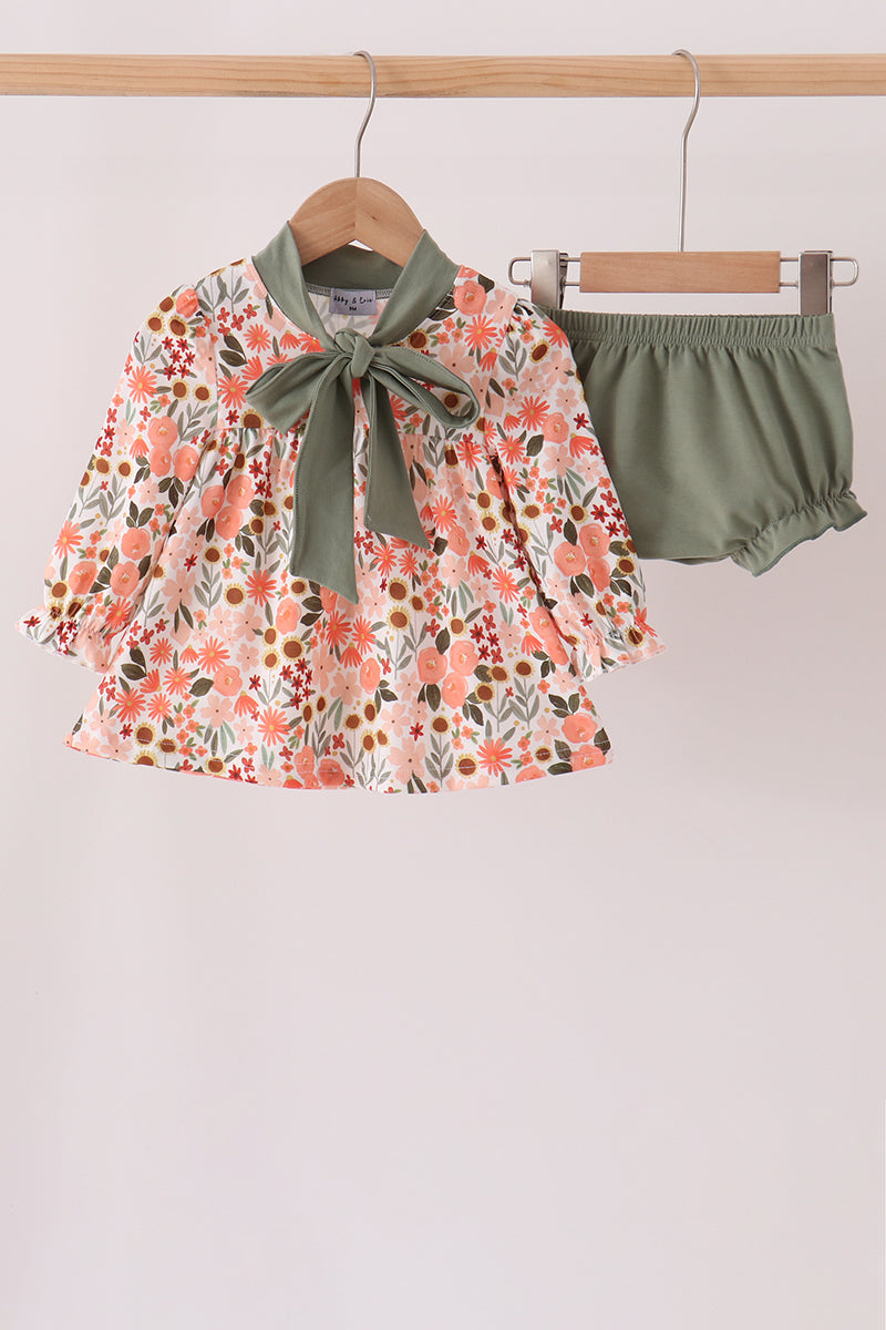 Baby Toddler Fall Green Floral Bow Bloomer Set