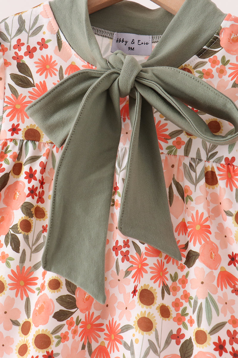 Baby Toddler Fall Green Floral Bow Bloomer Set