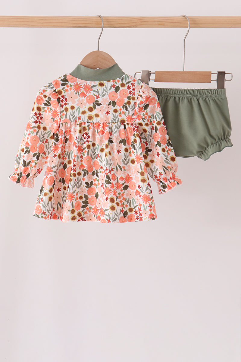 Baby Toddler Fall Green Floral Bow Bloomer Set