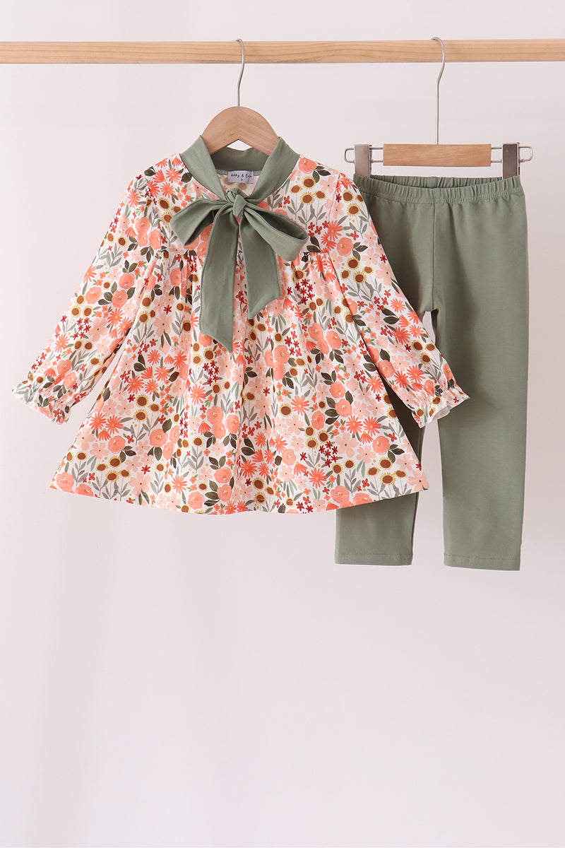 Girls Fall Green Floral Bow Pants Set