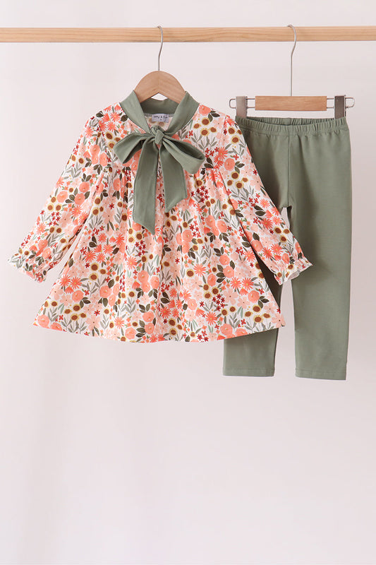 Girls Fall Green Floral Bow Pants Set