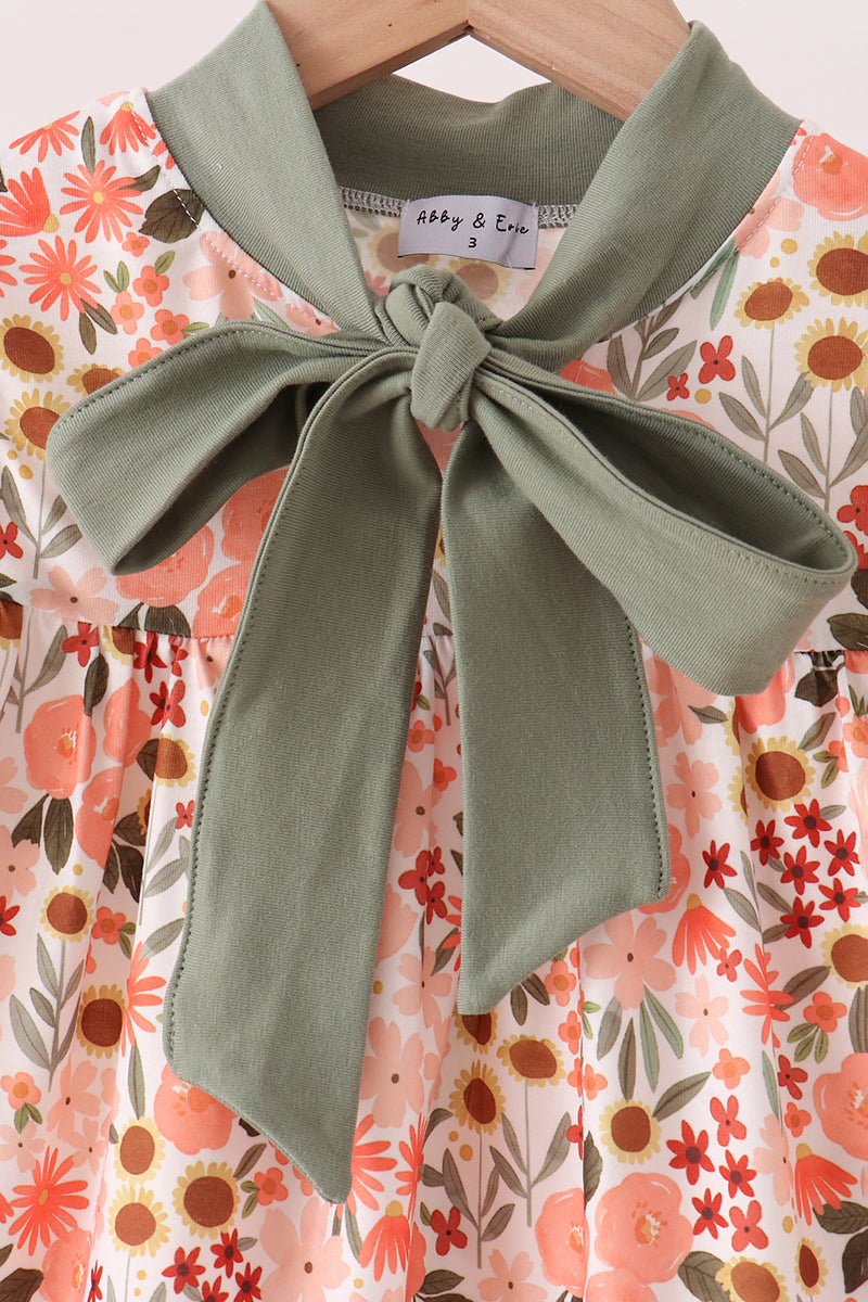 Girls Fall Green Floral Bow Pants Set