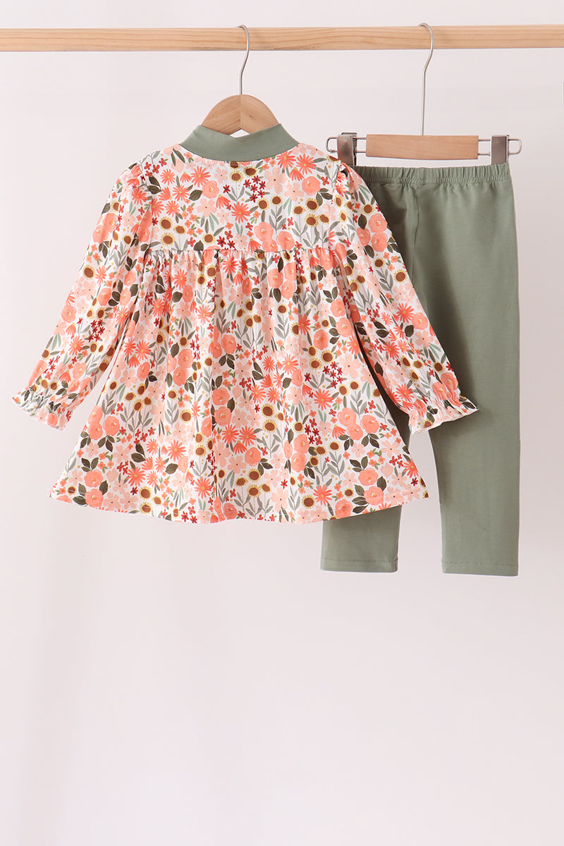 Girls Fall Green Floral Bow Pants Set