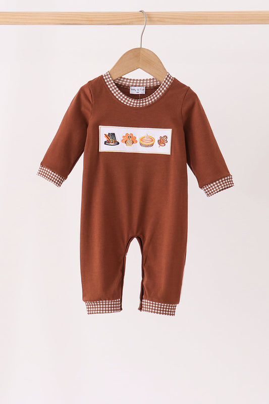 Brown Turkey Embroidery Romper for Baby Boys