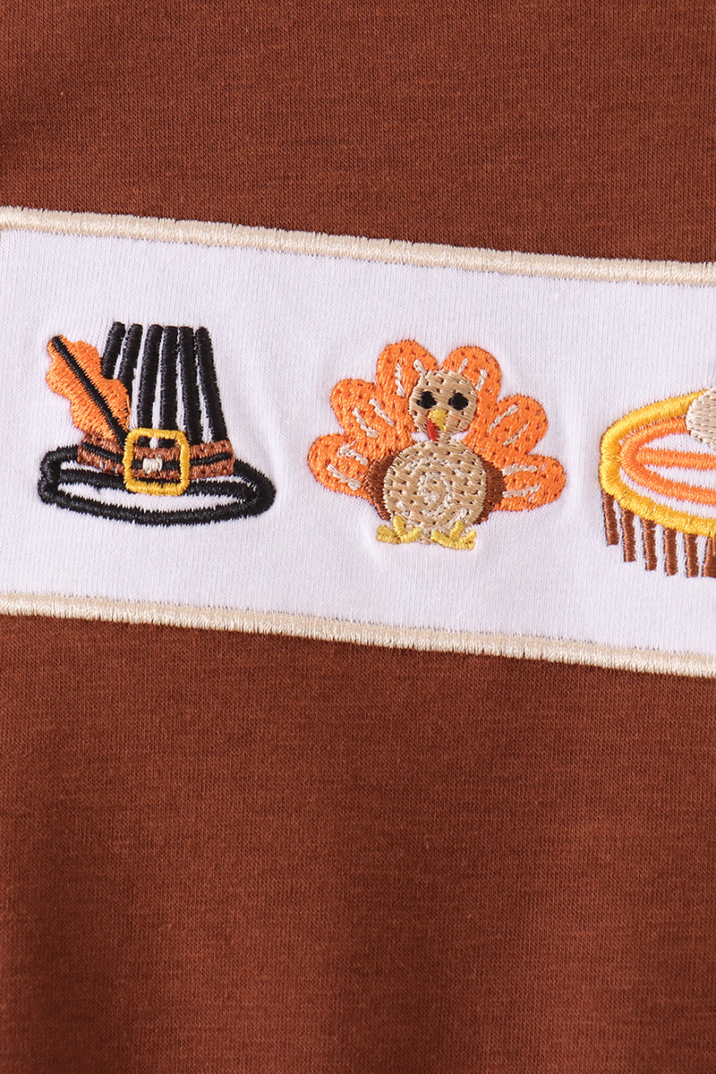 Brown Turkey Embroidery Romper for Baby Boys