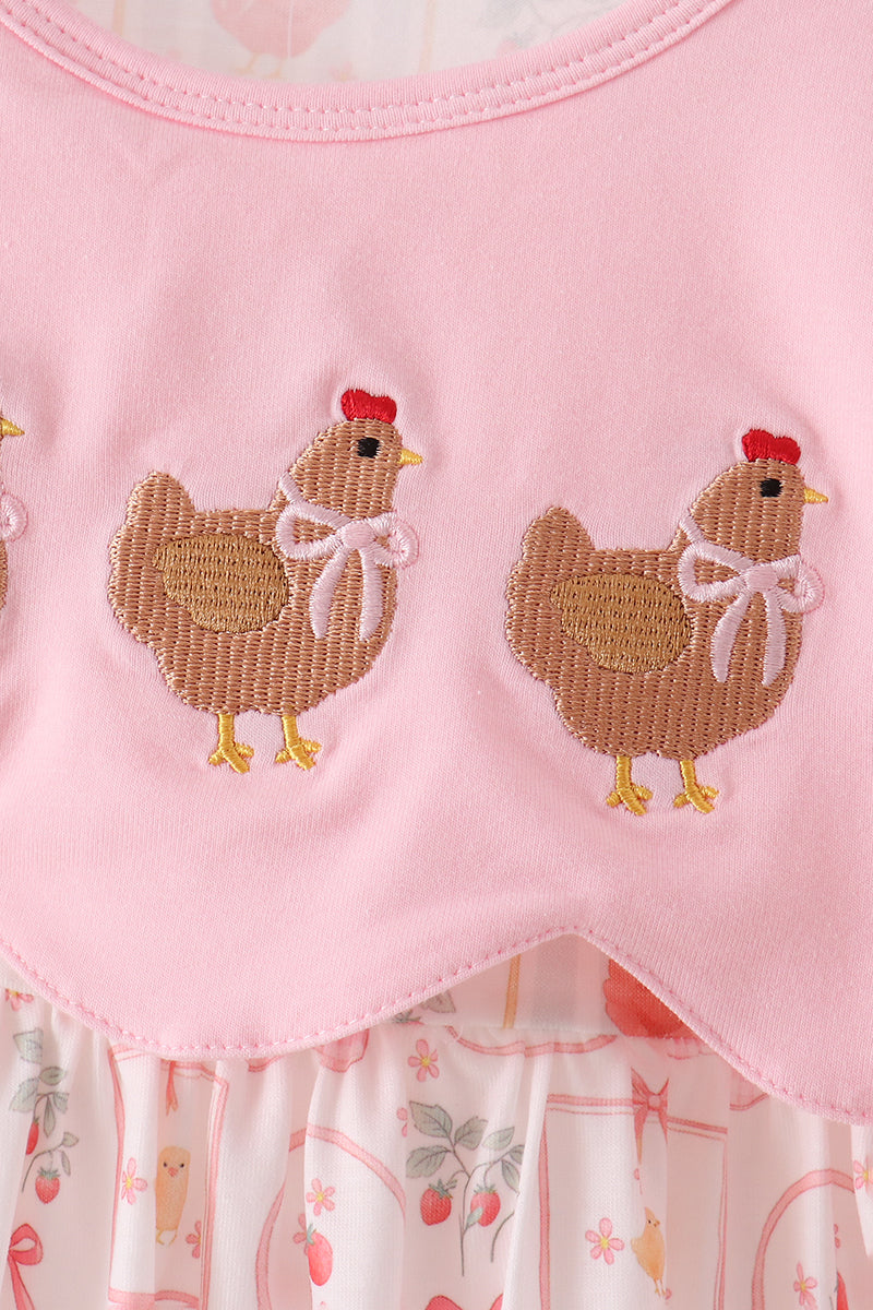 Pink Chicken Embroidery Dress